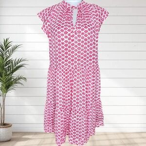 Zadig & Voltaire Rito Eyes Dress Pink White Geometric Cap Sleeve Floral Ruffle S